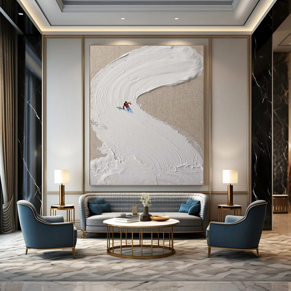 White Textured Ski Slope Abstract Painting with Red Accents ADGE311