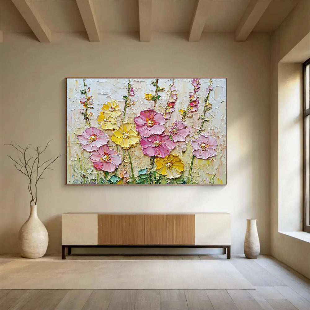 A large abstract painting featuring vibrant pink and yellow hollyhocks, detailed textures, and a rich background created with impasto technique using a palette knife.SC603