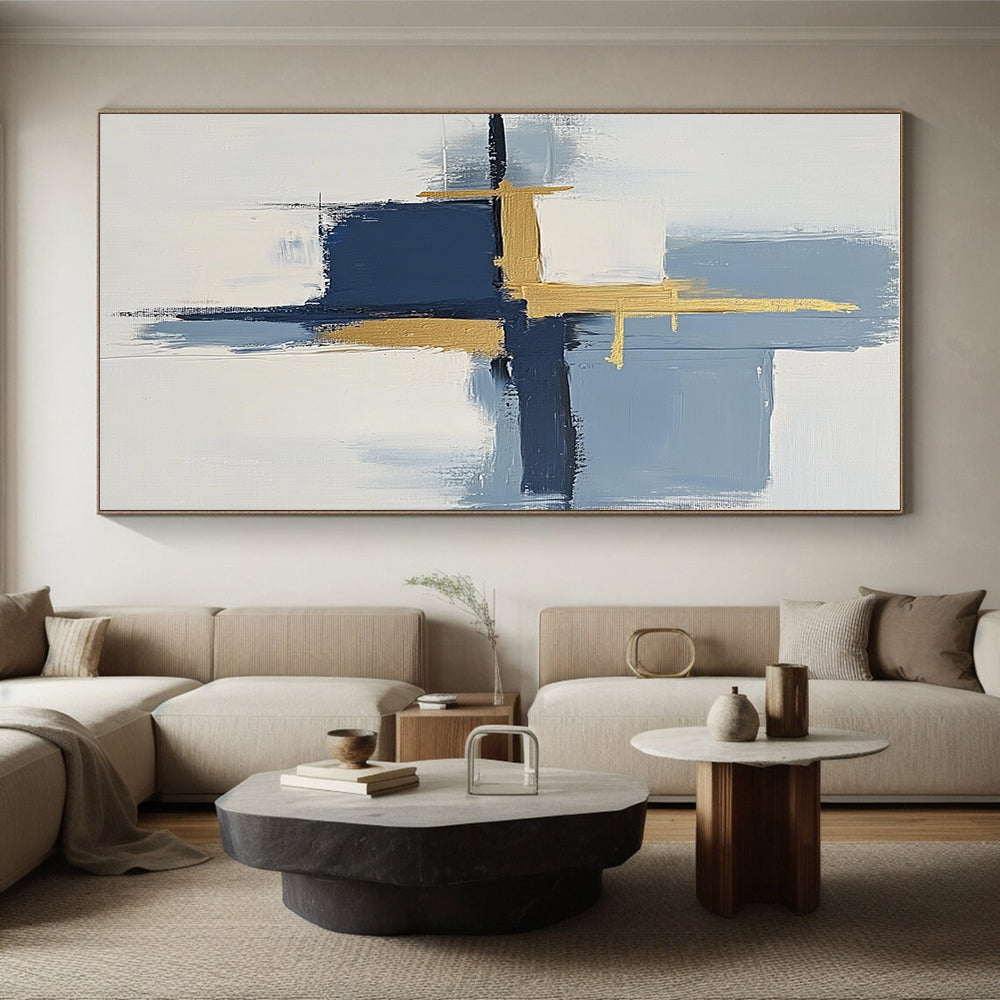 Blue and Gold Abstract Painting with Geometric Forms GER566