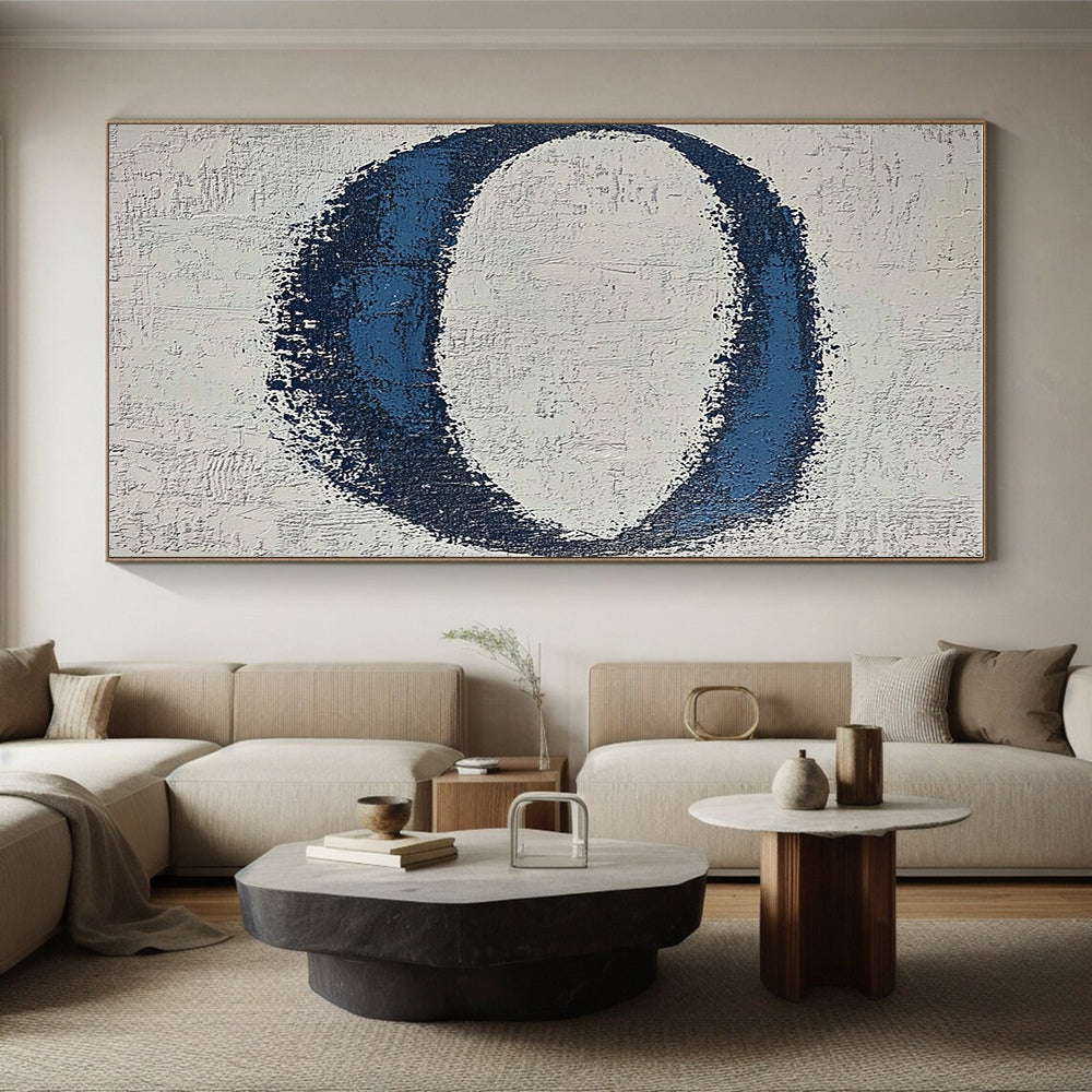 Blue Oval on Textured White Abstract Painting with Rough Edges GER024