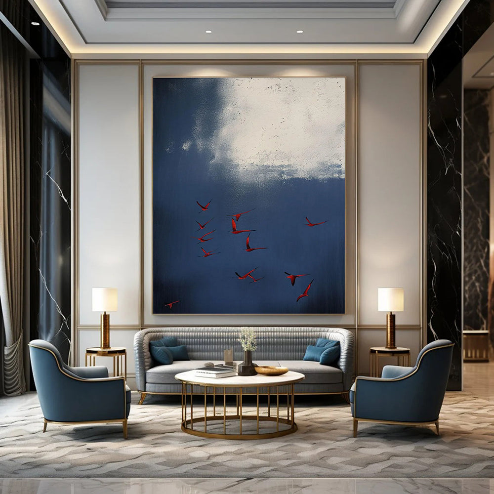 Red Birds in Blue Sky Abstract Painting with White Accents ADGE500