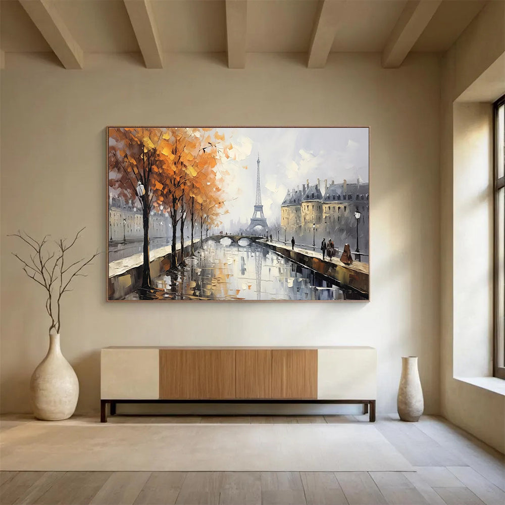 Paris Autumn Scene Abstract Painting with Orange, Grey, and White Tones THY171