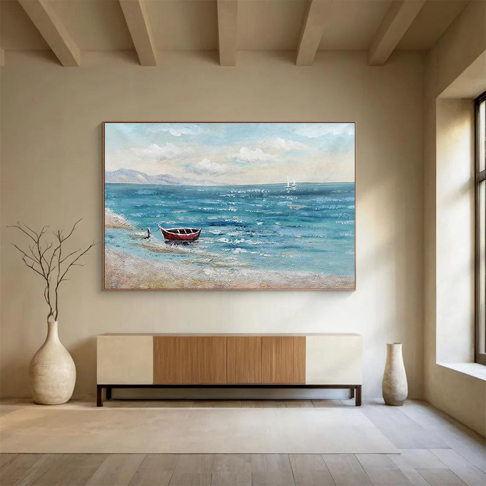 Seaside Boat Abstract Painting with Blue, Red, and White Tones THY224