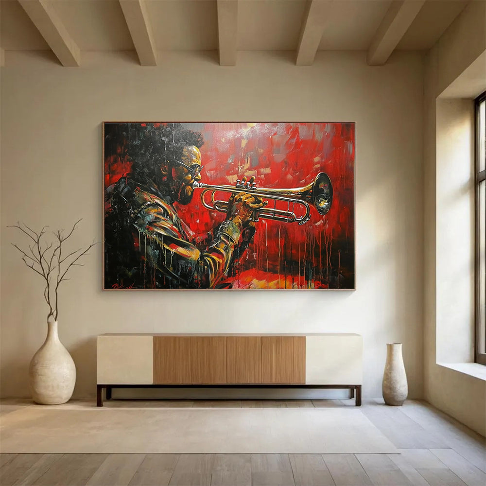 Large abstract painting featuring a trumpet player inspired by Dizzy Gillespie with a red car background and dynamic dripping paint effect.SC120