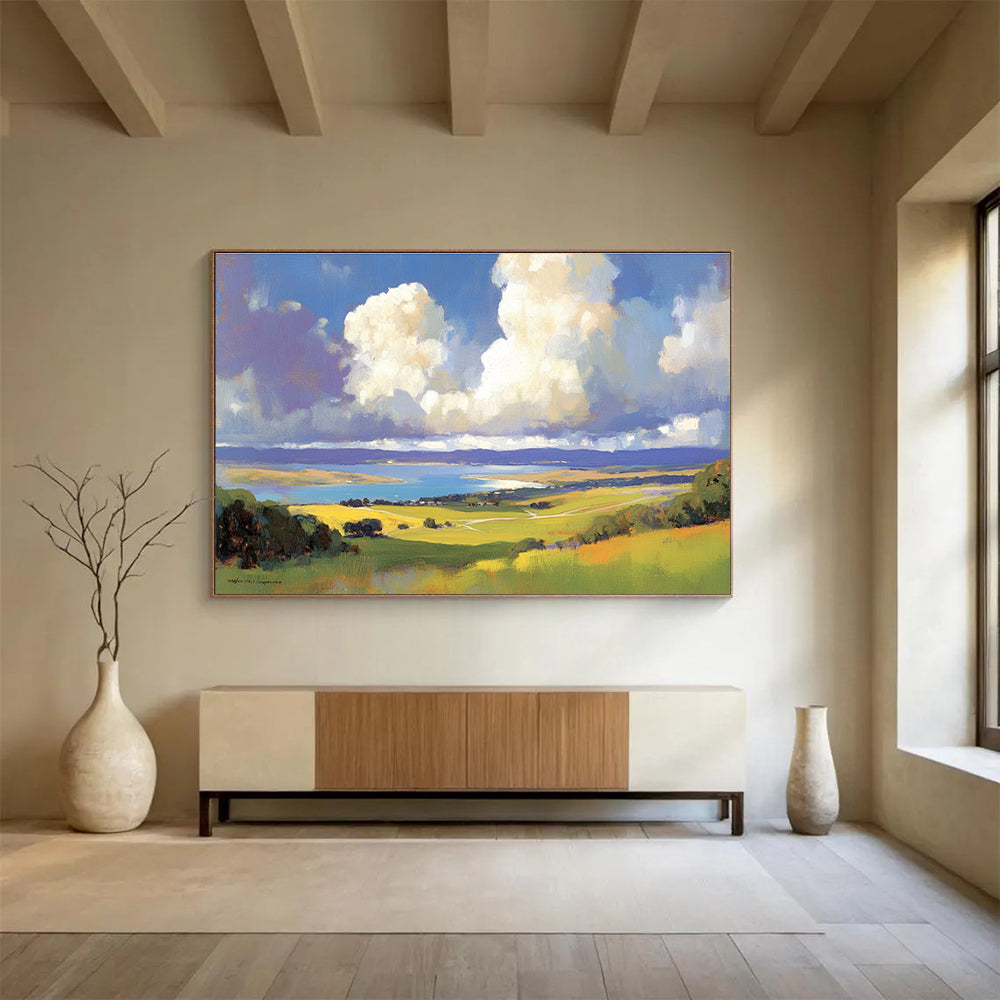 Scenic Landscape View Abstract Painting with Blue Green and Yellow Tones DYP581