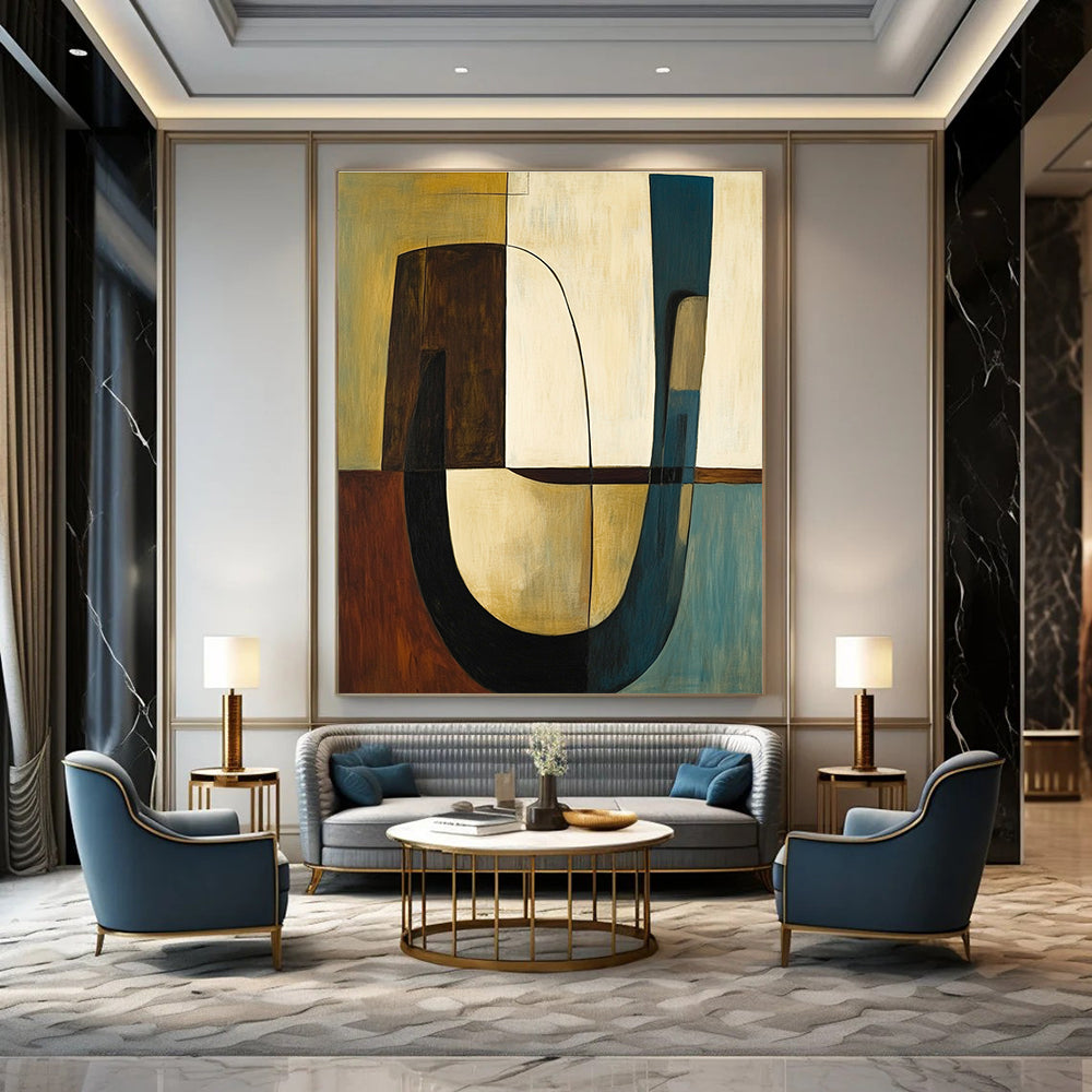 Abstract painting featuring shapes and lines in olive green with brown accents complemented by a large curved table and two chairs.STSC693