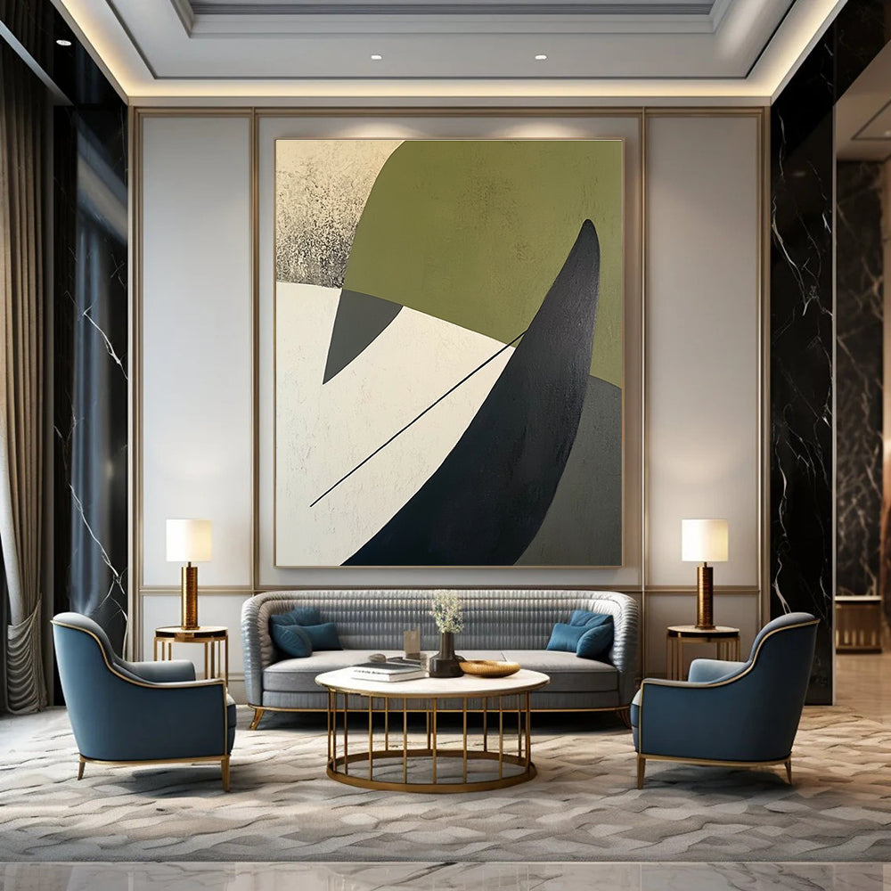 A large abstract painting featuring green white and black shapes on a beige background with a dark gray arrow-like line on the left side.STSC684