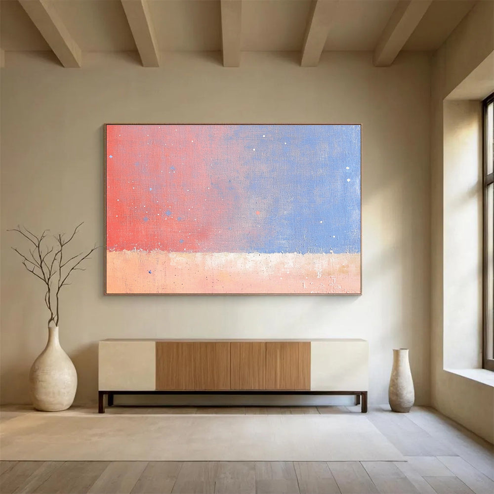 A large abstract painting depicting the sky and stars over an orange desert with soft pink and blue tones in a minimalist style.SC366
