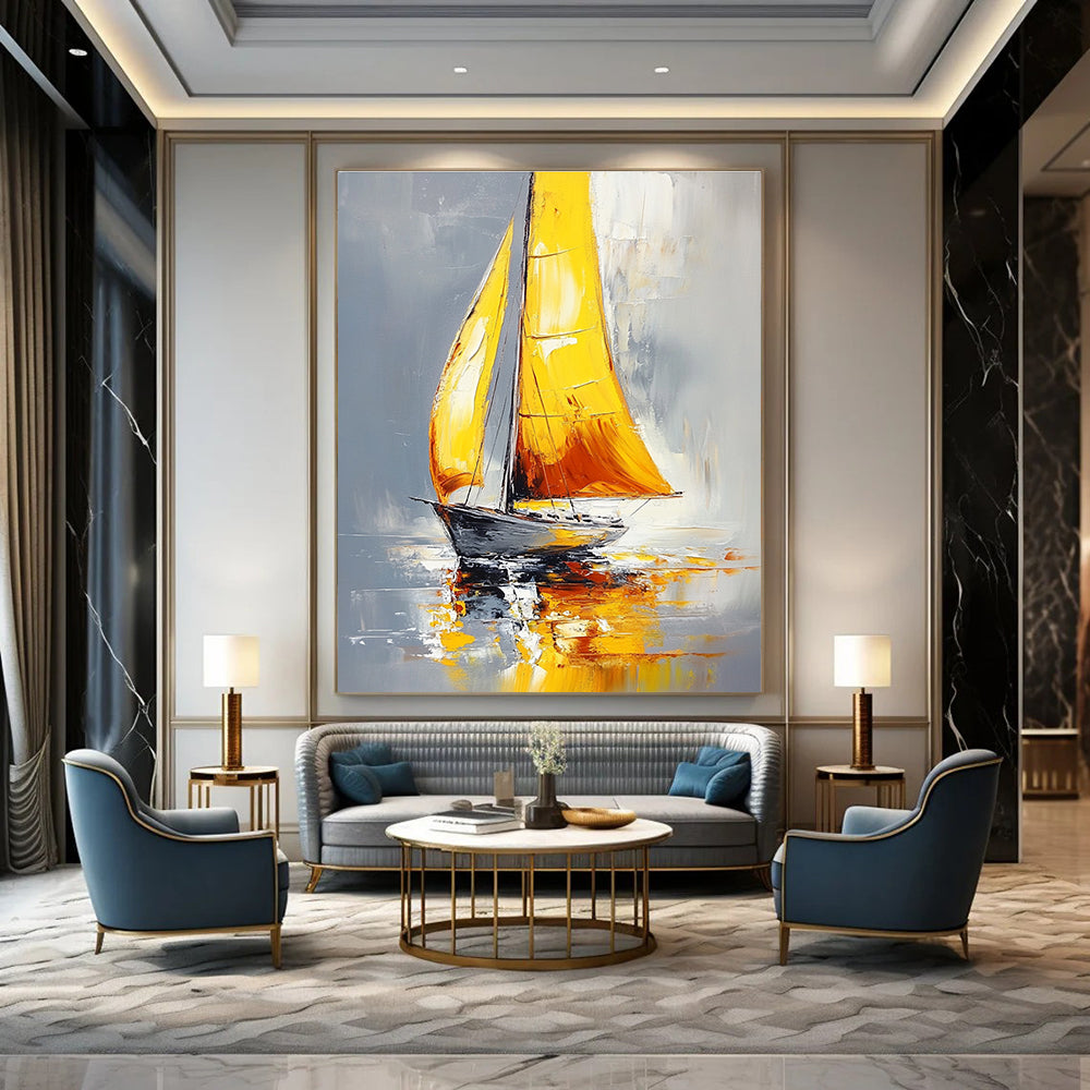 Large abstract painting of a sailboat with yellow sails on water featuring gray background and warm colors with soft lighting and bold brushstrokes.STSC1400