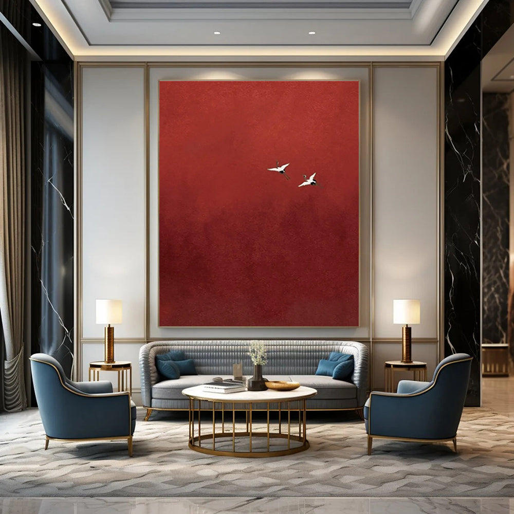 Cranes in Red Sky Abstract Painting with Contrasting Elements ADGE482