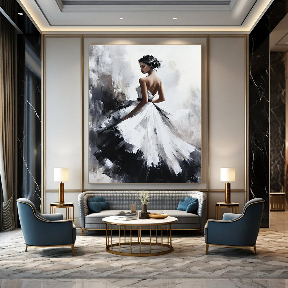 Large abstract oil painting of a beautiful woman in a white dress with a black skirt featuring exquisite details and soft lighting on a textured canvas.STSC1363
