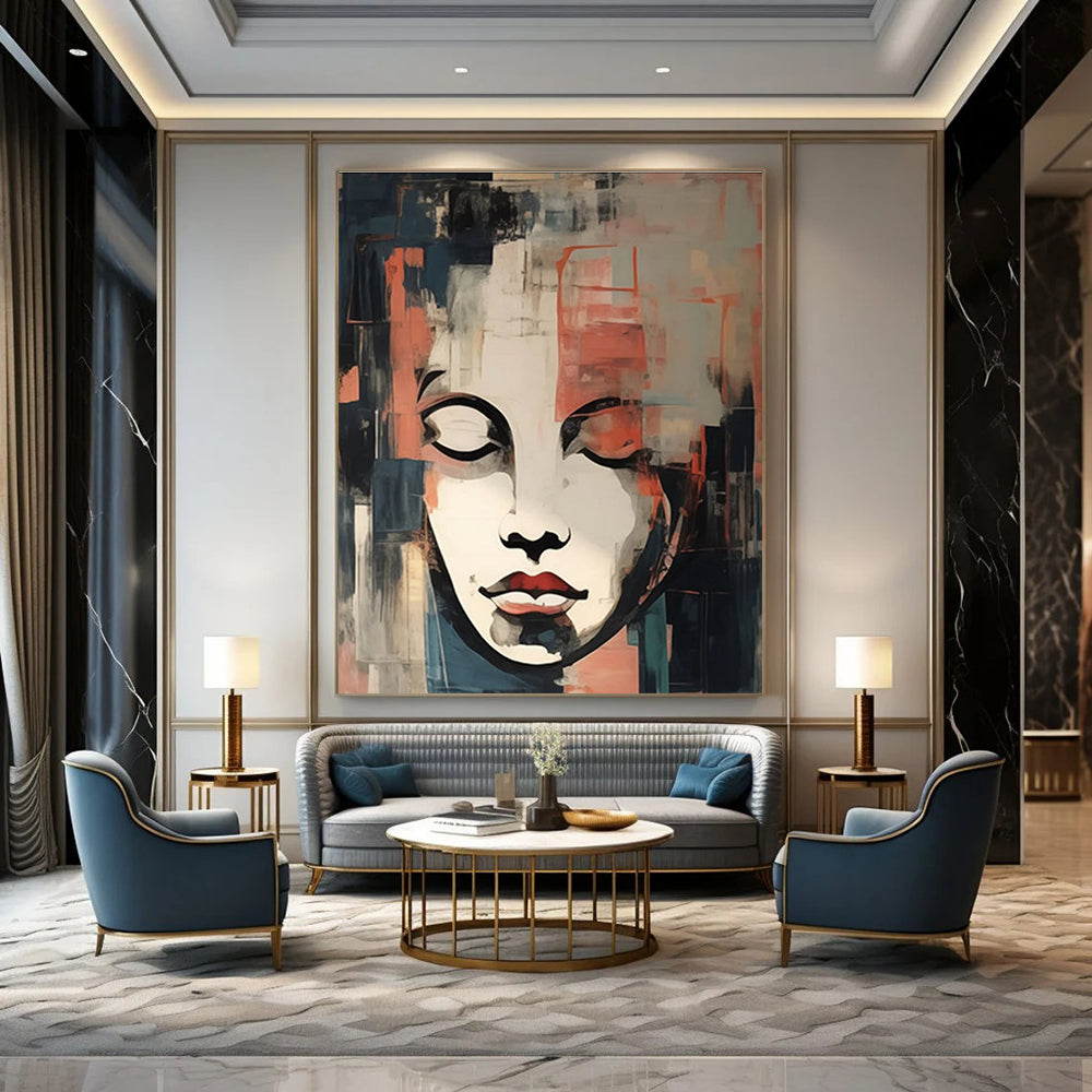 Cubist - Style Portrait Abstract Painting with Red, Blue, and Gray ADGE124