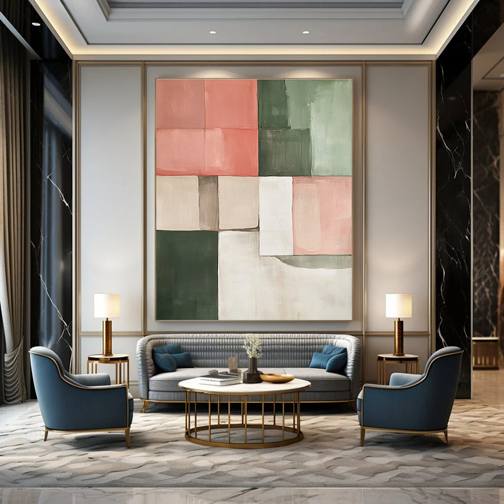 Large abstract painting in earthy tones of pink green and beige featuring geometric shapes perfect for modern decor.STSC243