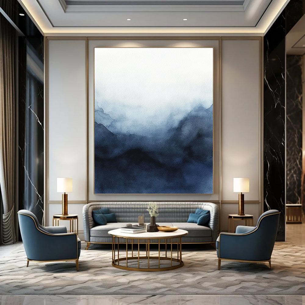 Large abstract watercolor painting of a stormy sky featuring dark blue and gray hues on a white background for striking contrast and minimalist elegance.STSC498