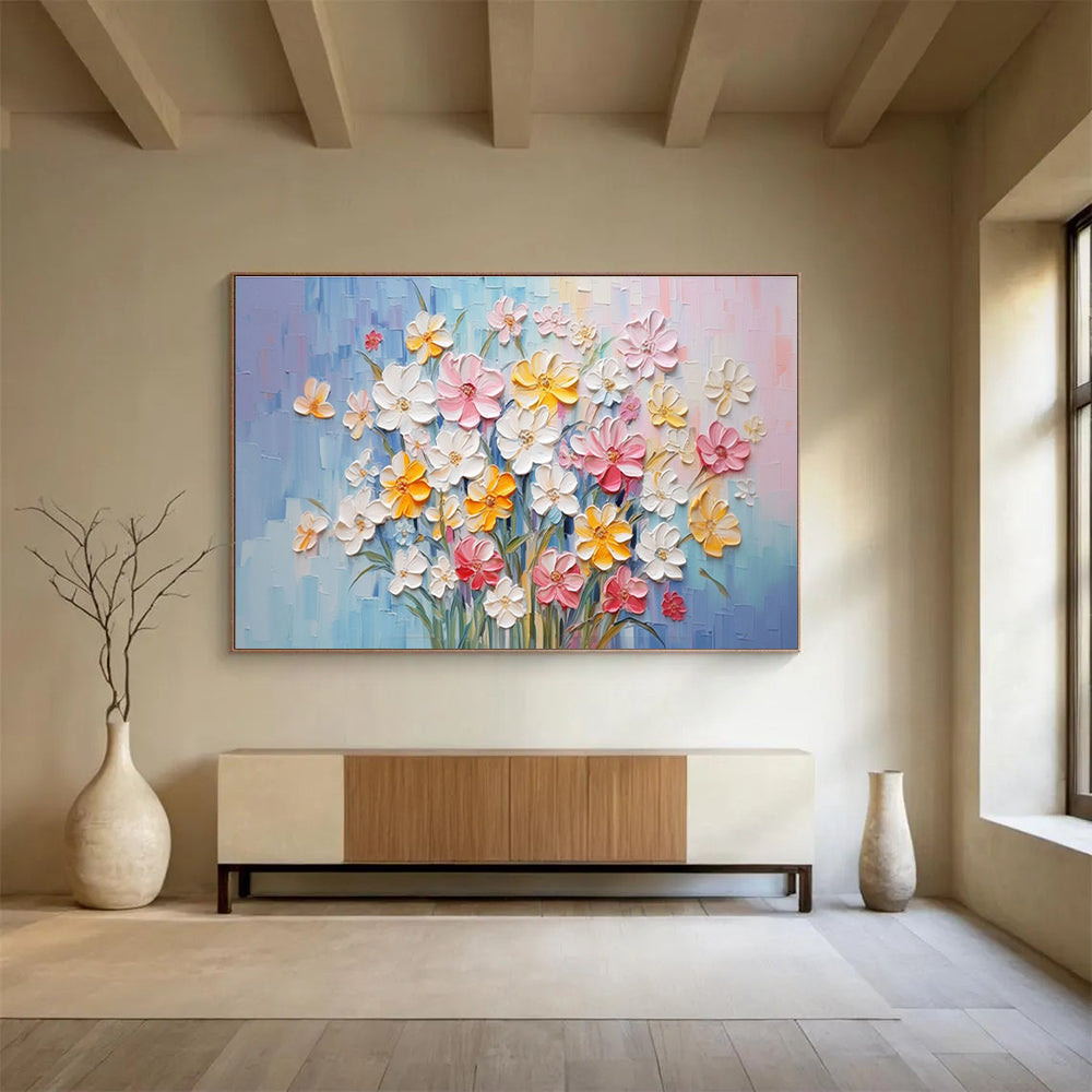 Textured Flower Bouquet Abstract Painting with Pink, Yellow, and White Tones THY210