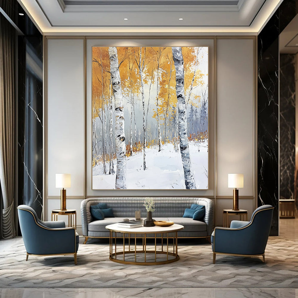 Large abstract painting of birch trees in late autumn with golden leaves against a cool gray background showcasing serene and powerful contrasts.STSC1123
