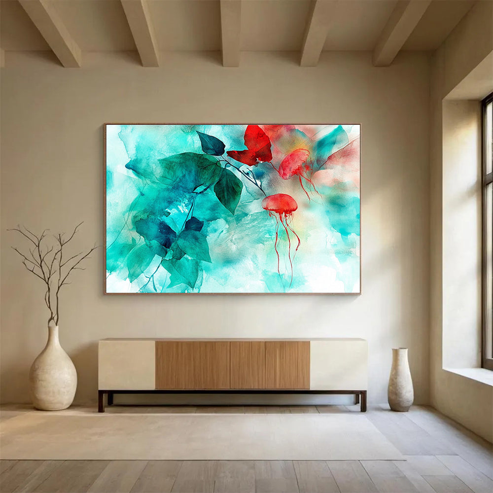 Jellyfish and Leaves Abstract Painting in Teal and Red DYP446