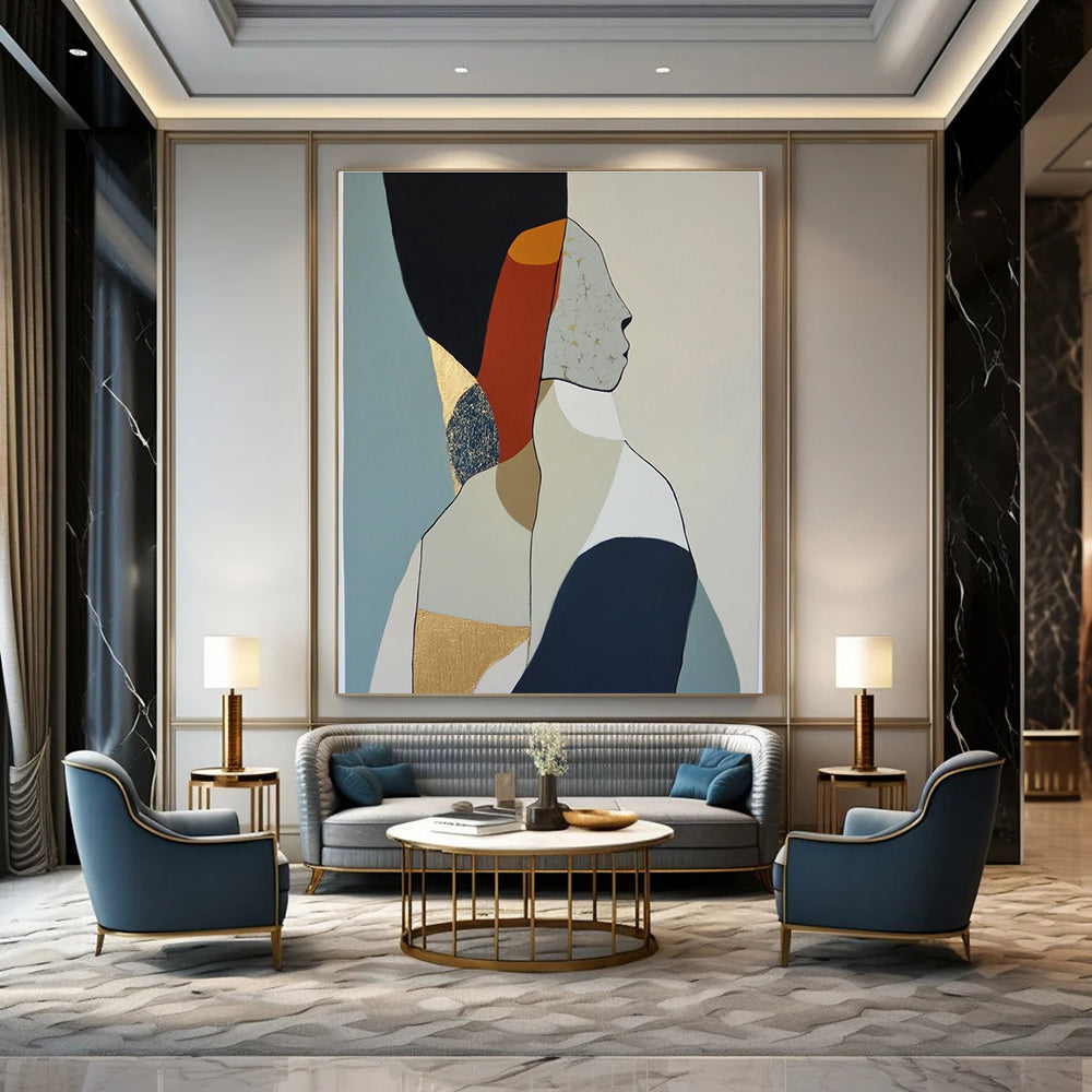 Large abstract oil painting featuring minimalist woman body shapes in muted colors with visible brush strokes and gold leaf accents.STSC1064