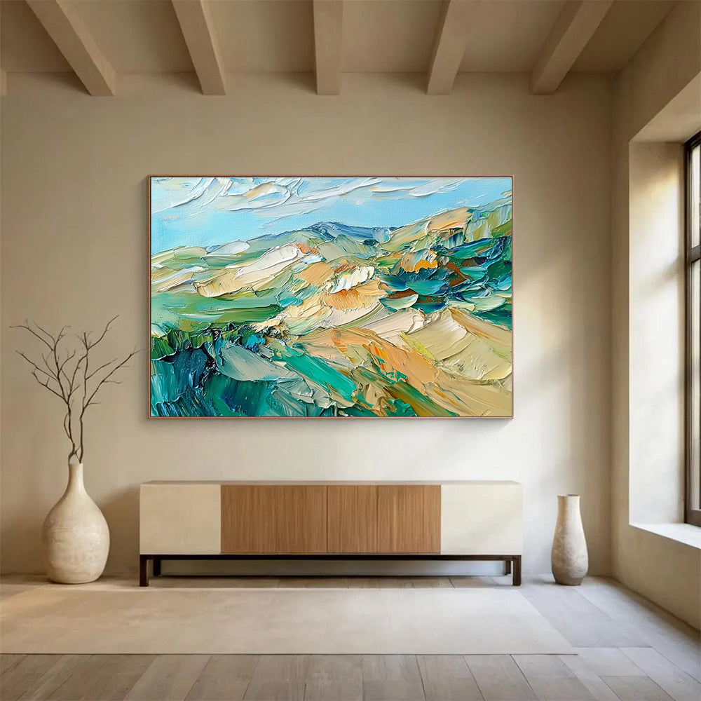 Textured Mountain Landscape Abstract Painting with Green Blue and Beige DYP287