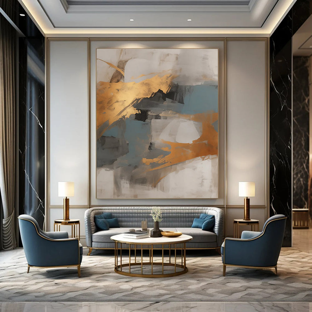 Gold, Blue, and Gray Abstract Painting with Dynamic Shapes ADGE136