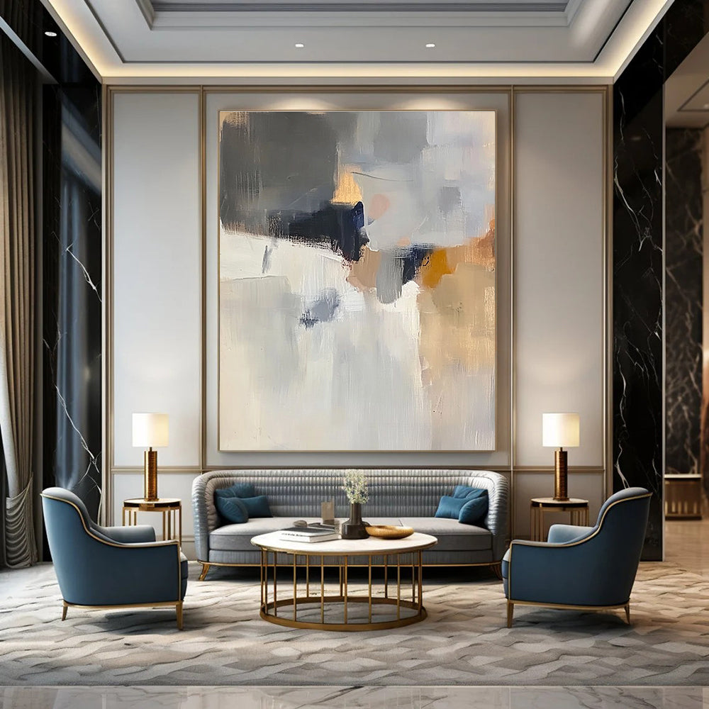 Large abstract painting with soft light colors grey and white atmospheric shapes hints of brown blue and yellow in muted tones.STSC686