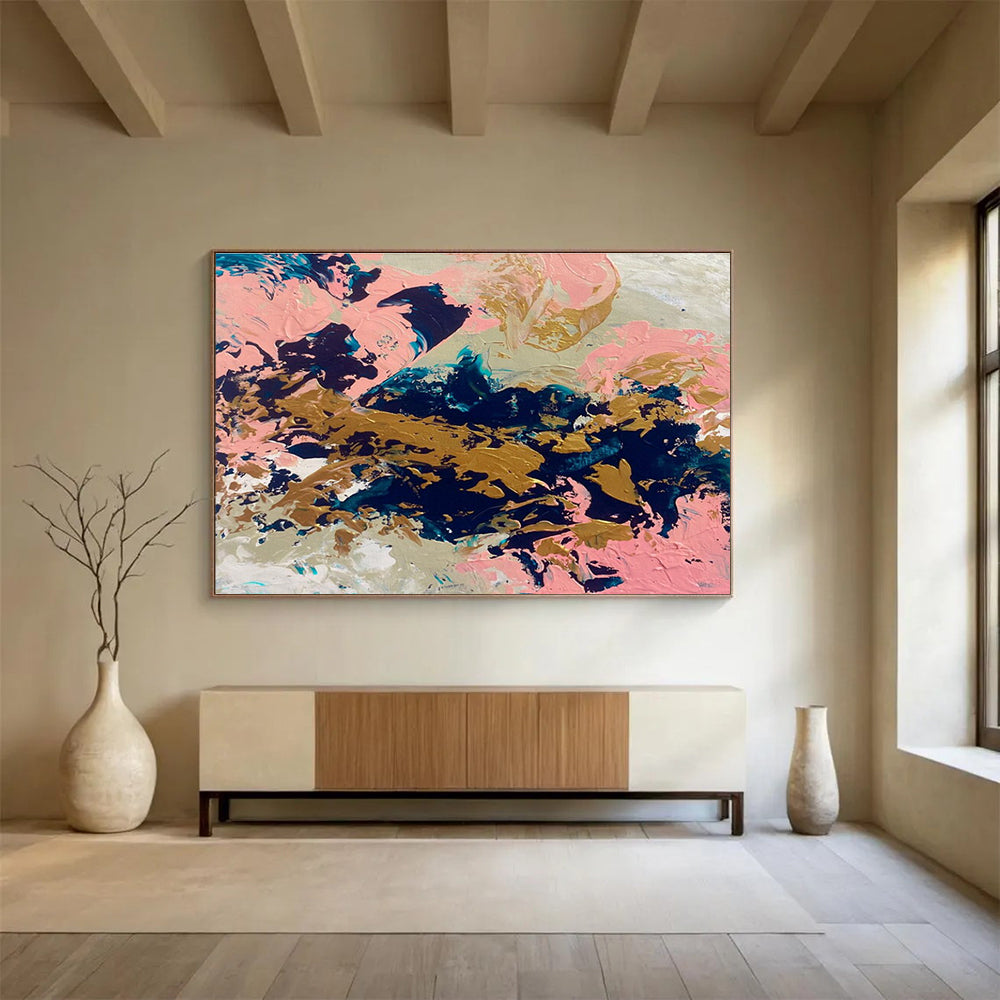 Pink Gold Navy Abstract Painting with Elegant, Feminine Vibes THY384
