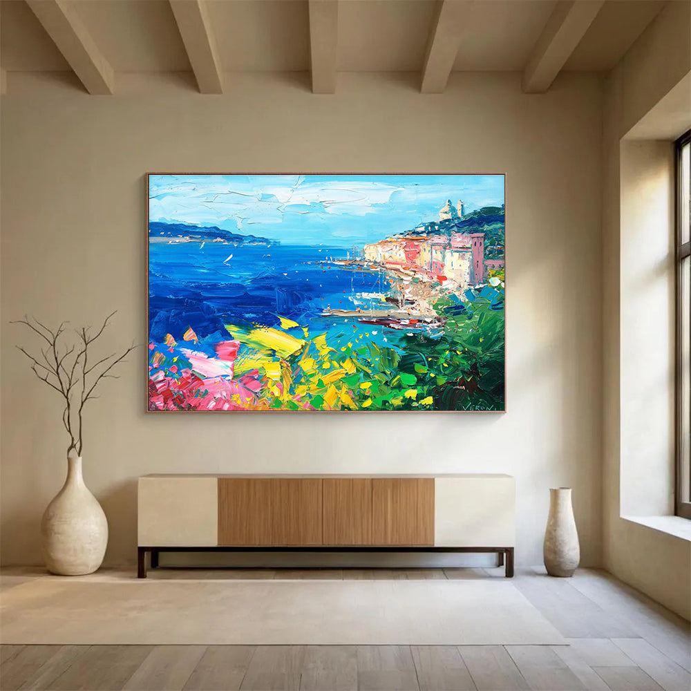 Blue Pink Yellow Coastal Harbor Abstract Painting THY486