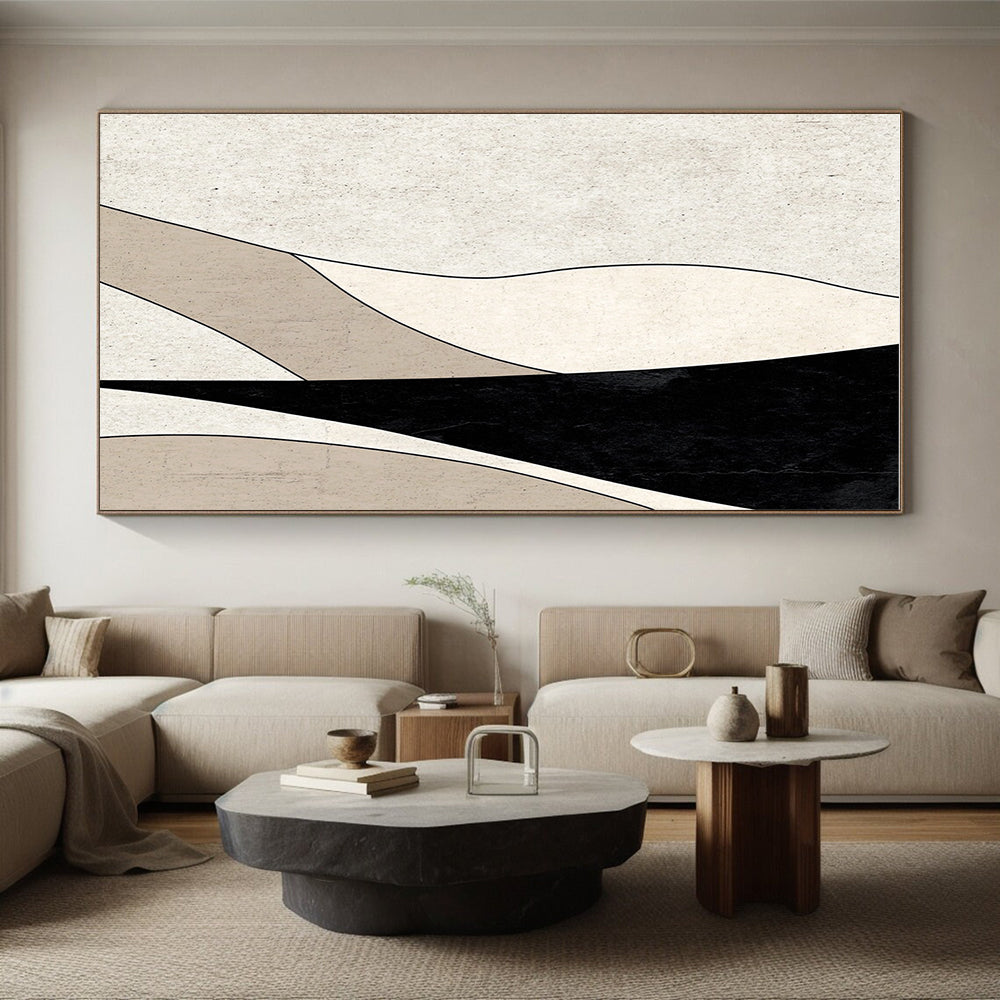 Black and Beige Curved Abstract Painting with Smooth Lines GER058