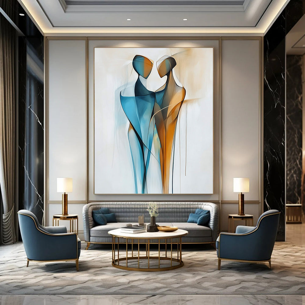 Large abstract painting featuring two figures in blue and amber with geometric lines and smooth curves on a shaped canvas and white background.STSC712