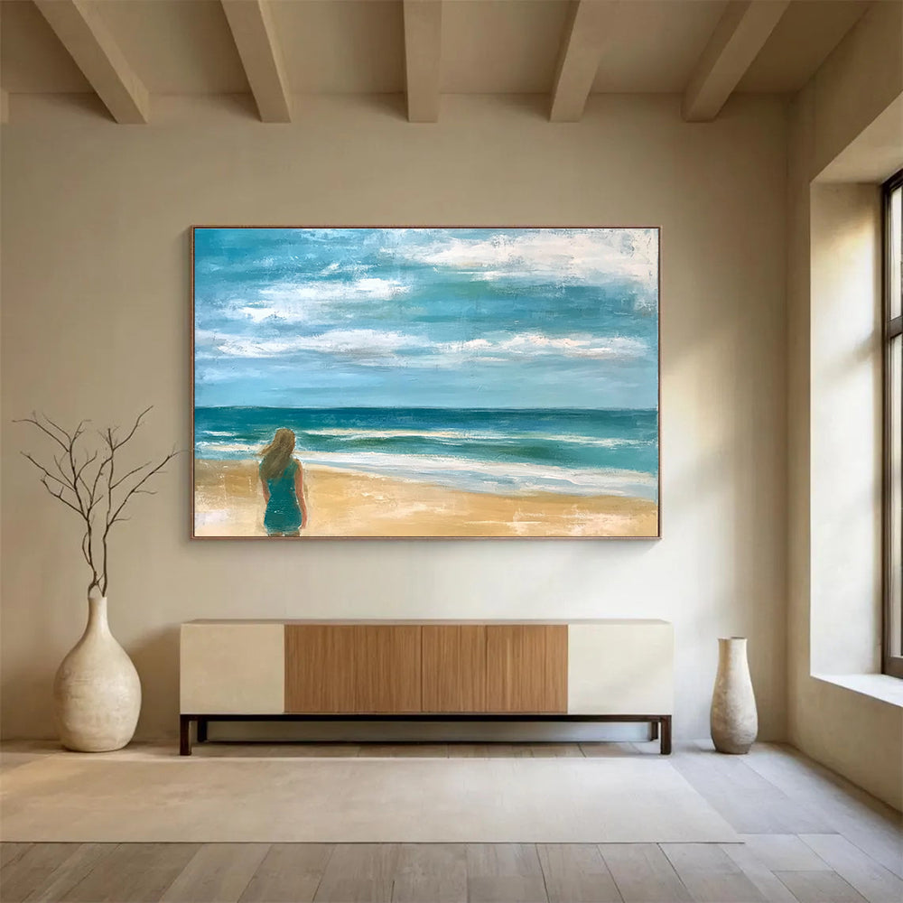 Woman by the Sea Abstract Painting with Blue and Beige Tones DYP520