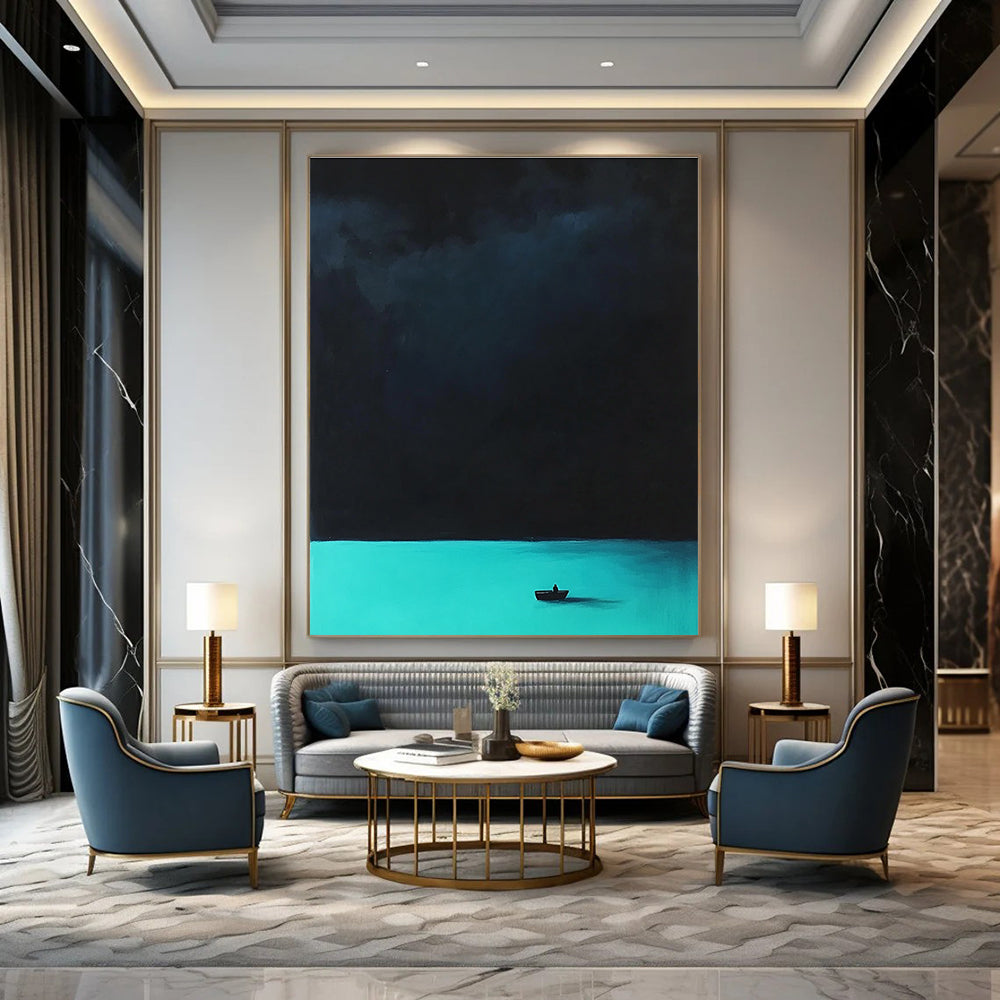 Abstract painting featuring a tranquil turquoise sea and a mysterious dark sky with blurred figures and underwater creatures creating an enchanting atmosphere.STSC1303