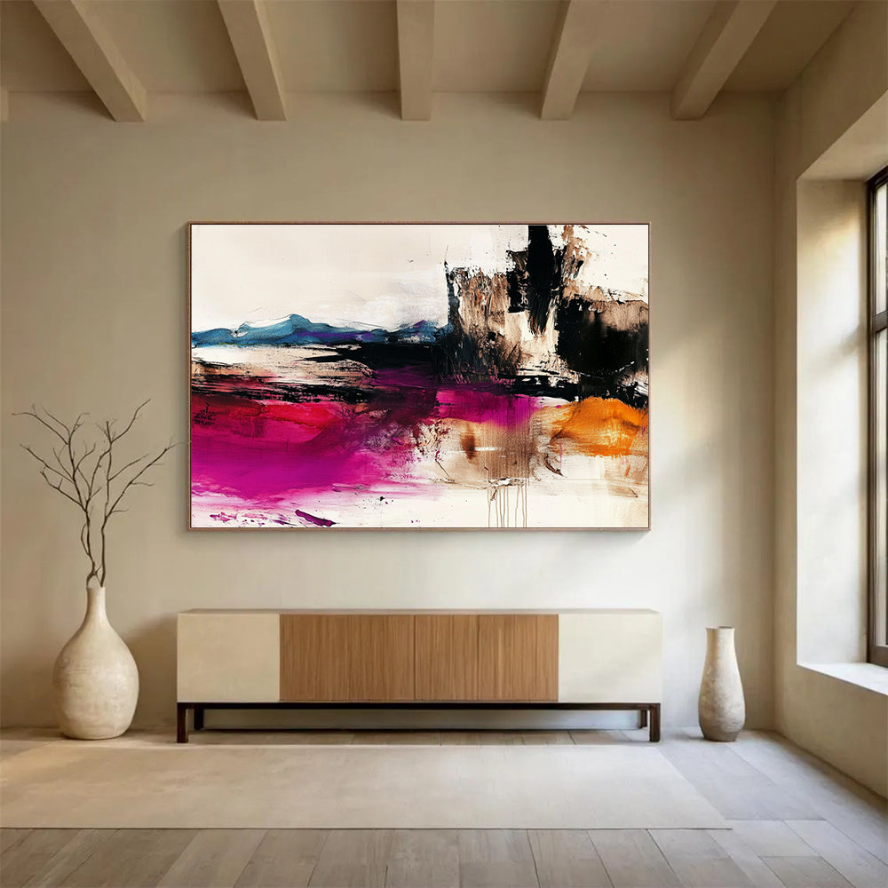 Large abstract painting depicting the desert with dark whites light beiges colorful ink washes and bold brushstrokes in high-resolution detail.SC046