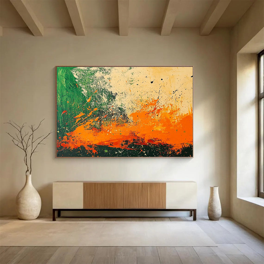 Energetic Splatter Abstract Painting with Green and Orange DYP223