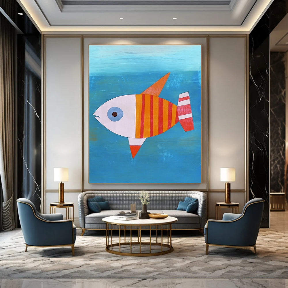 A large abstract painting featuring a flat illustration of a fish with an orange-red body and white stripes swimming in blue water.STSC995