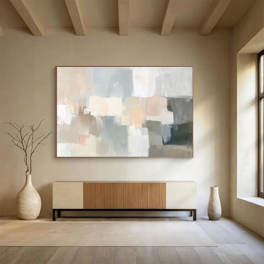 Large abstract painting in soft neutral tones featuring muted strokes of beige cream grey dusty pink pale sage green gray peach and light blue creating a serene scene.SC059
