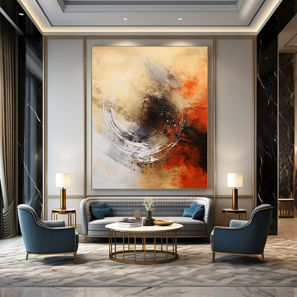 Circular Motion in Warm Hues Abstract Painting with Beige, Orange, and Black ADGE121