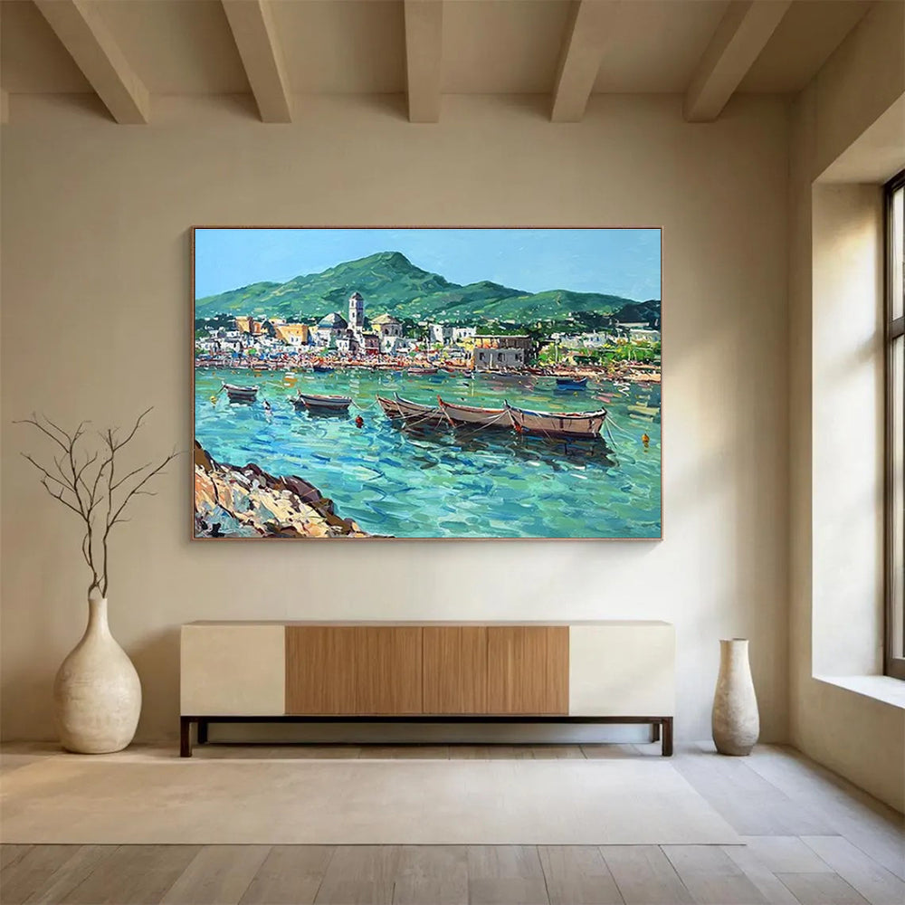 Blue Green Coastal Village Abstract Painting THY467