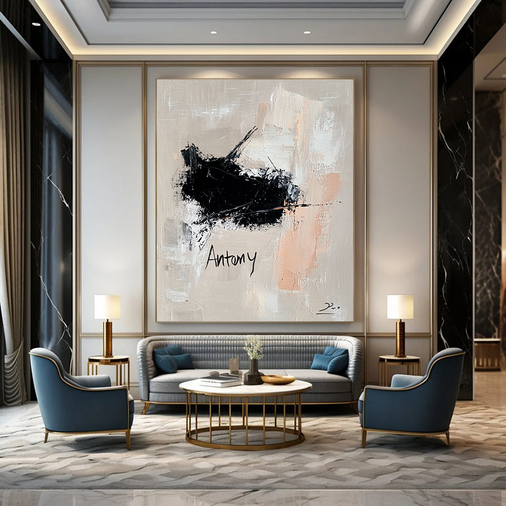 Large abstract oil painting features a black and white impasto cat with neutral tone text on a soft gray background, exuding modern elegance.STSC1088