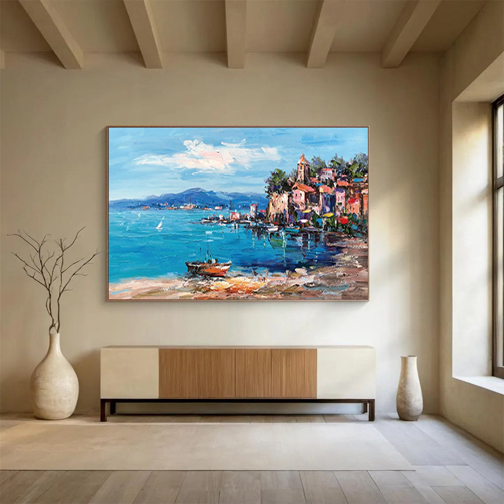 Coastal Town Abstract Painting with Blue, Pink, and Orange Tones THY230