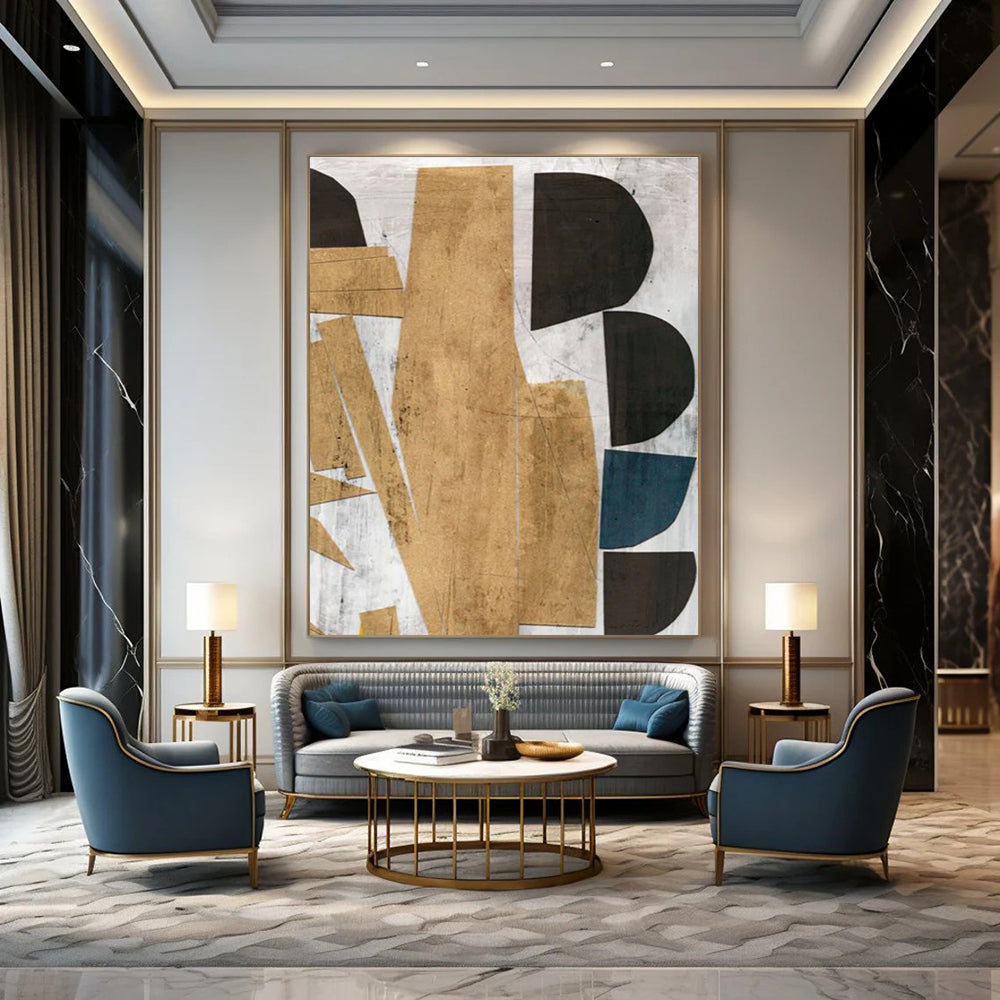 Geometric Abstract with Neutral and Blue Tones Painting ADGE216