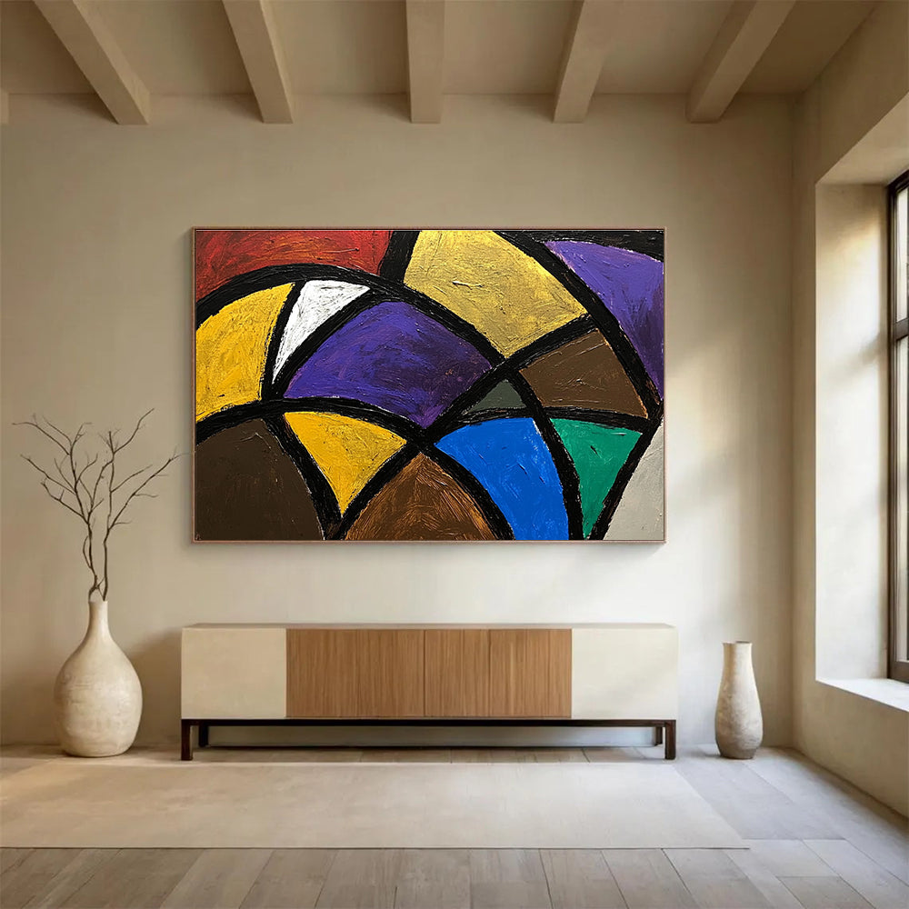 A large abstract painting featuring bold colorful lines and shapes with dark gray and beige tones, creating a sense of depth and complexity.SC440