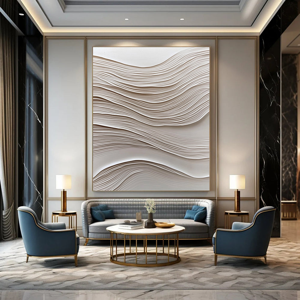 Large Abstract Art Featuring Wavy Lines on White Paper with Soft Lighting and Oil Painting Texture Highlighting Elegance and Simplicity.STSC965