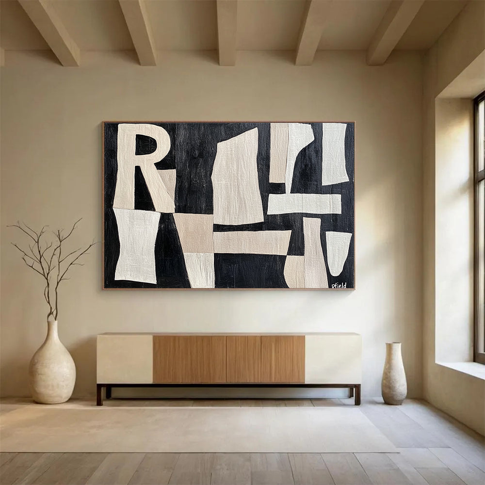 Large abstract painting featuring cut-paper style shapes with the word Rfield in a textured beige and white design on a dark grey background.SC427