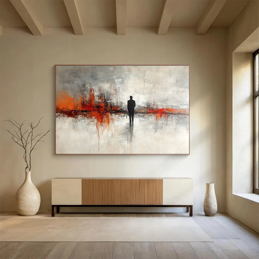 Silhouette in Abstract Landscape Painting with Gray and Orange DYP417