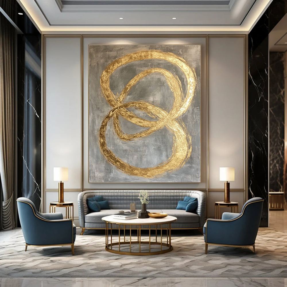 Large abstract painting featuring intertwined O-shapes in gold leaf on a modern grey background.STSC1295