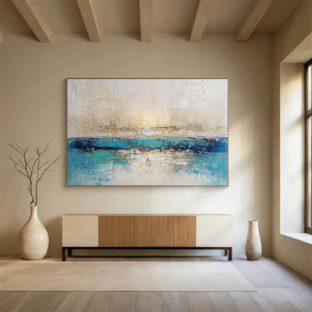 Textured Sea and Sky Abstract Painting with Blue and Beige DYP491