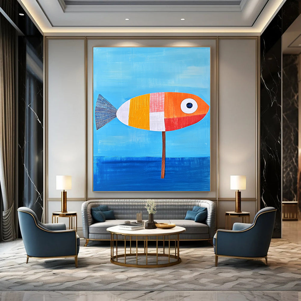 An abstract painting of a fish on blue water featuring an orange and white color scheme with simple details and a tranquil vibe.STSC996