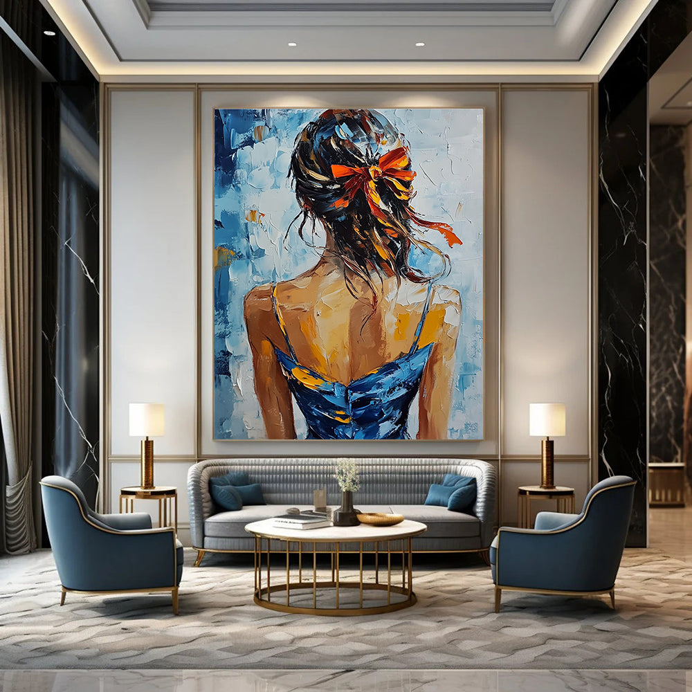A large abstract painting featuring an elegant woman in a blue and yellow dress with red ribbons against a soft blue and white background.STSC879