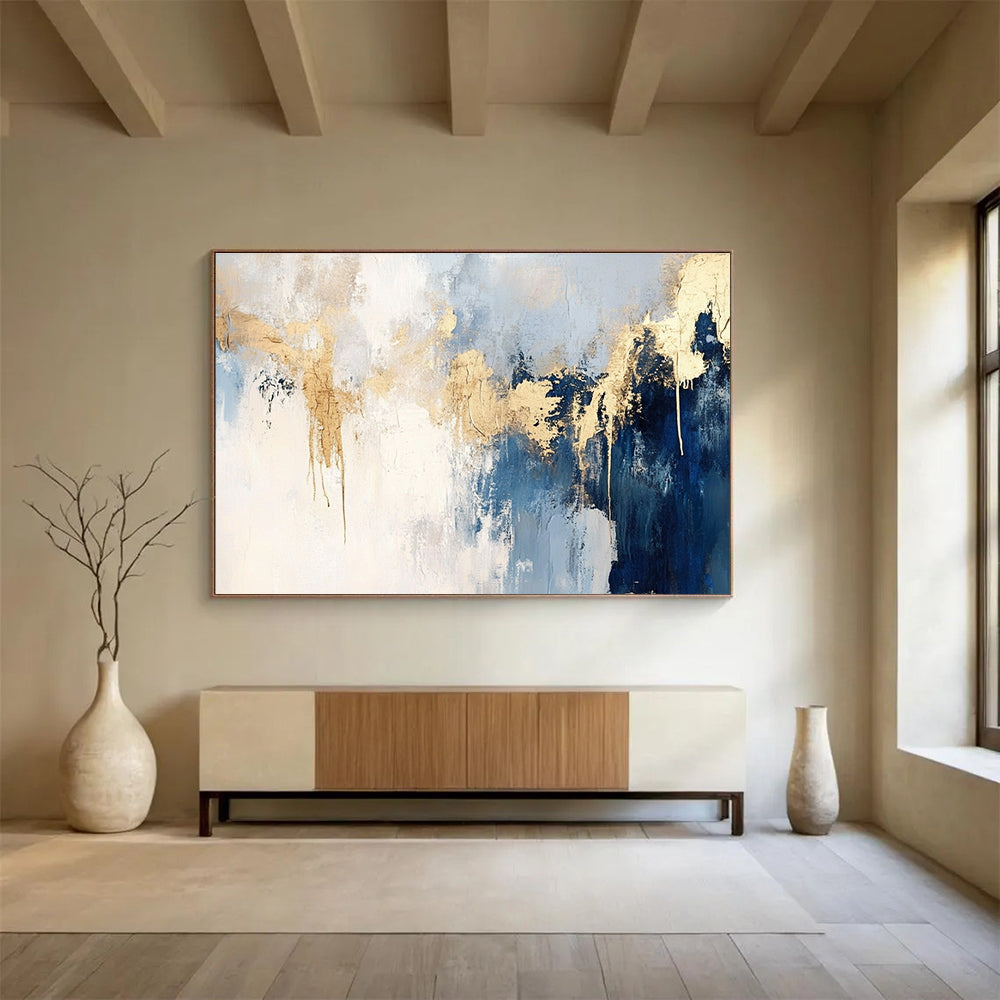 Blue and Gold Abstract Painting with Dripping Details DYP182