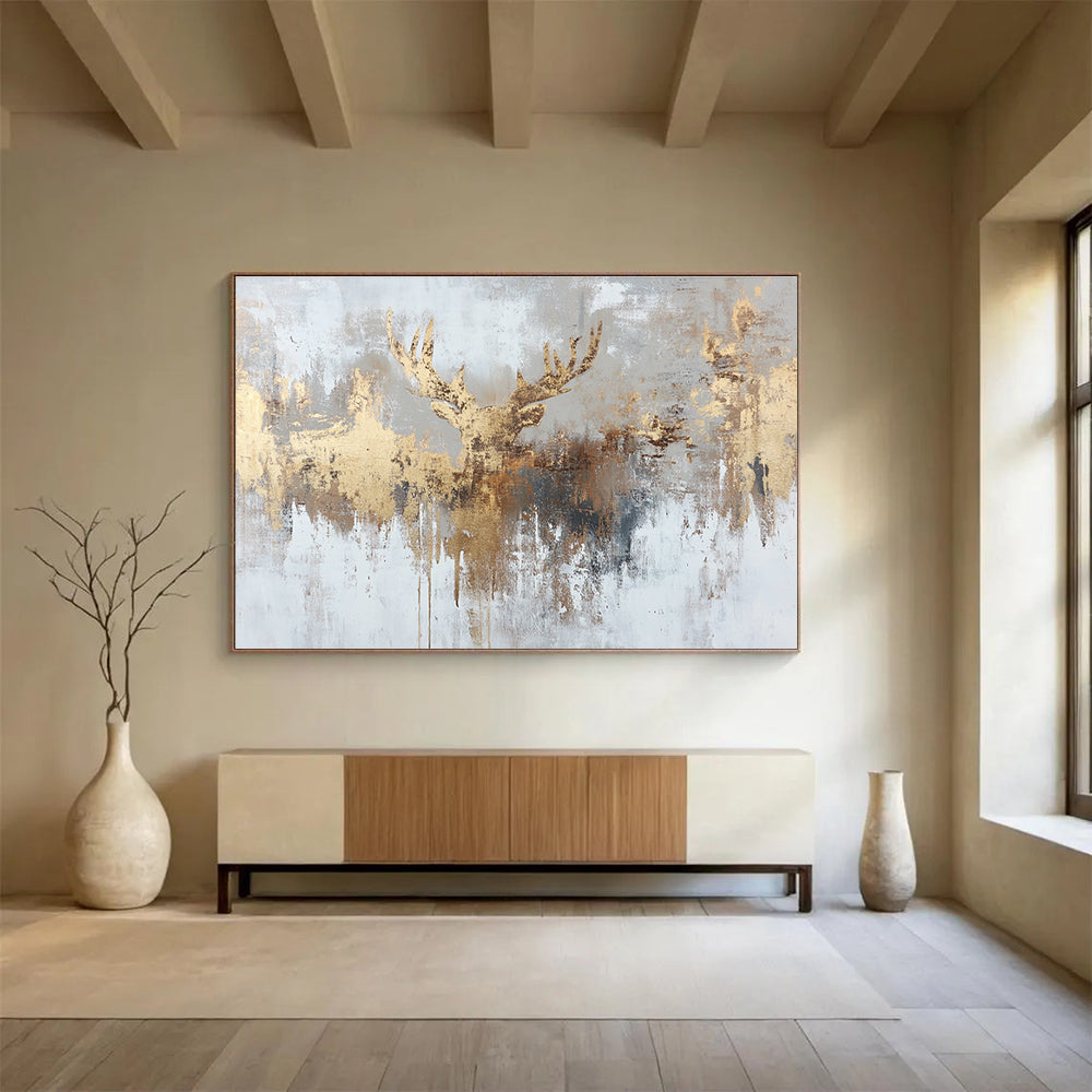 Gold and Gray Abstract Painting with a Golden Deer Silhouette DYP393